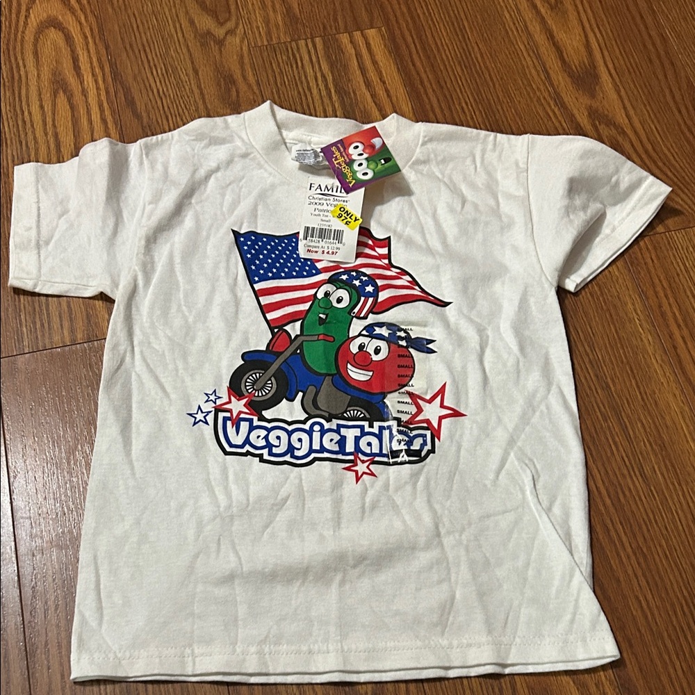 NWT Y2K Vintage Veggie Tales Larry & Bob American Design White Delta Small Shirt